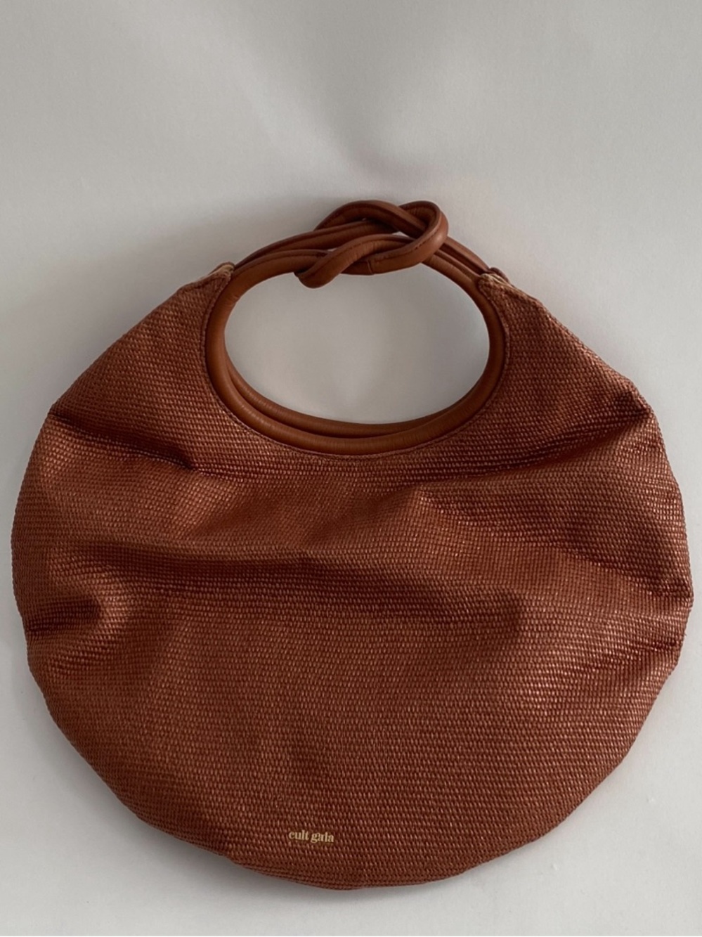 cult gaia rust brown woven crescent tote with knotted handle